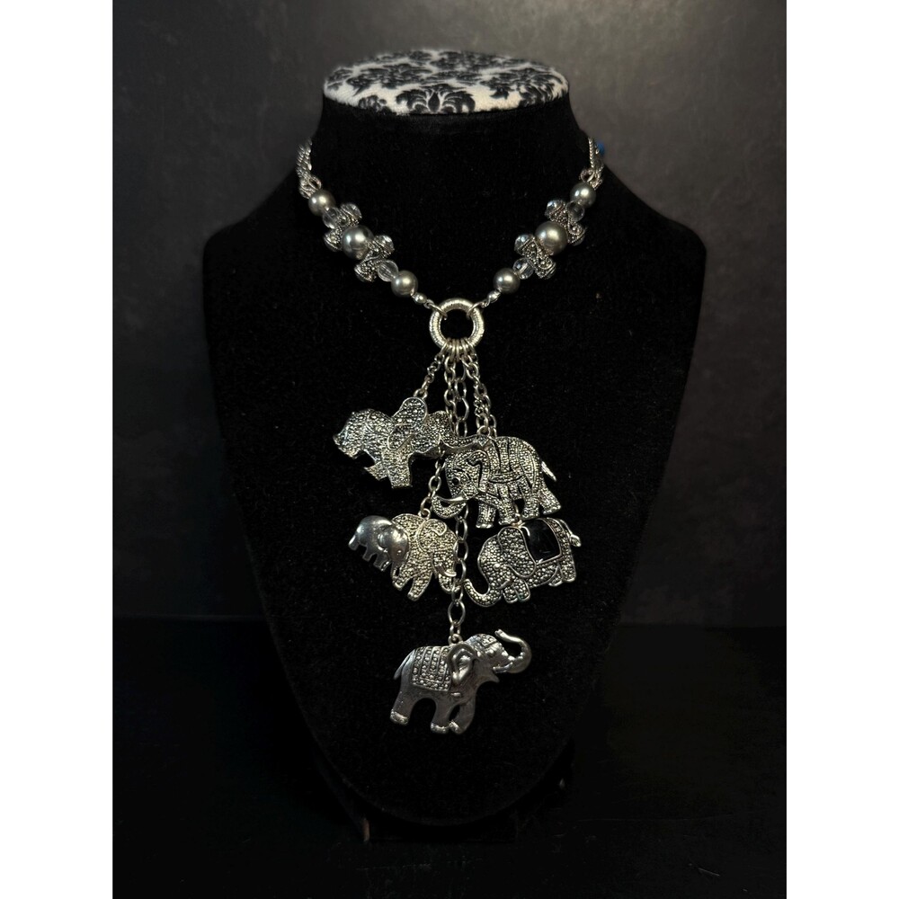 Vintage Silver Tone Elephant Charm Necklace Art Deco Style Marcasite Look